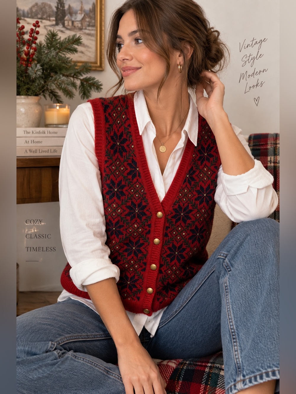 Vintage 90s Lizsport Wool Blend Sweater Vest M Fair Isle Red Gold Button Preppy